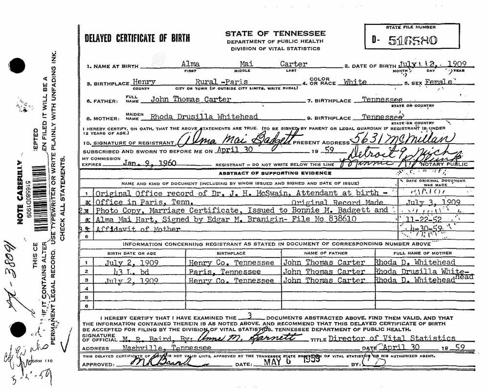 Documents: Alma Mai CARTER Birth